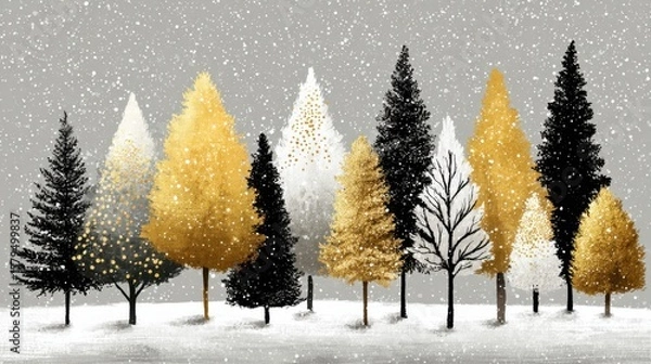 Fototapeta Golden and black christmas trees covered in snowflakes during a snowfall