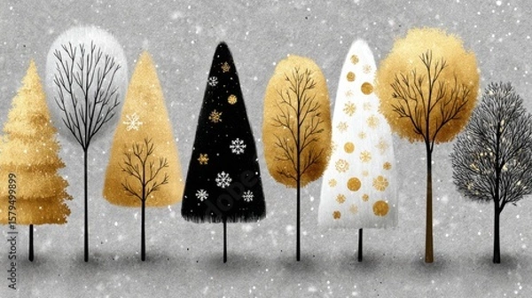 Fototapeta Golden and silver christmas trees with snowflakes falling on grey background