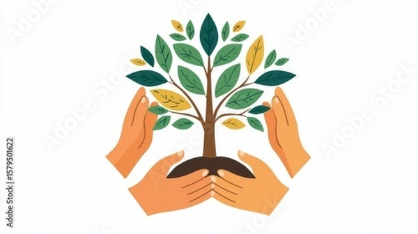Fototapeta Illustration of hands nurturing a small tree, symbolizing growth and environmental stewardship.