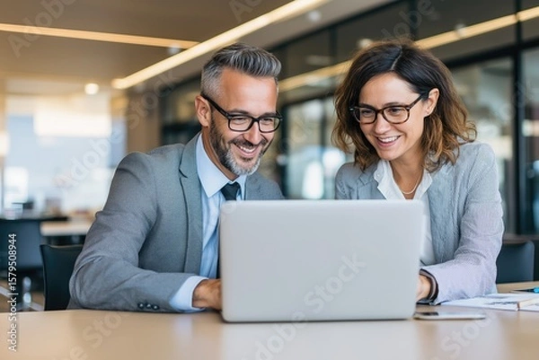 Fototapeta Smiling coworkers collaborating on laptop in modern office – teamwork and productivity concept