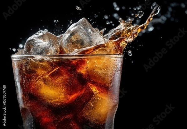 Fototapeta Splashing cola in a frosty glass with ice cubes on black background, ideal for summer drink ads, soda branding, beverage campaigns, and refreshing product visuals