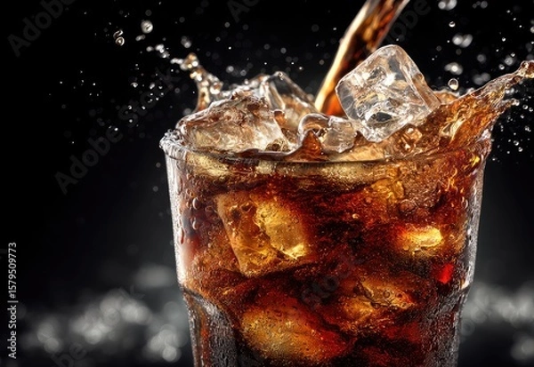 Fototapeta Refreshing cola poured over ice cubes in a frosty glass with dramatic splash, perfect for soda advertisements, drink branding, and summer beverage campaigns