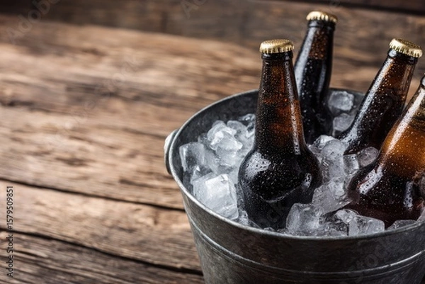 Fototapeta Dark beer bottles in a metal bucket packed with ice on wooden surface, perfect for bar ads, craft beer branding, party posters, and beverage promotions