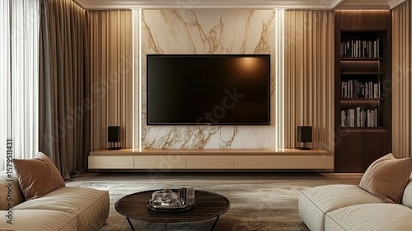 Fototapeta Modern living room with TV on textured thermo wall, soft ambient lighting, neutral-tone sofas, and long curtains creating a cozy and elegant atmosphere.