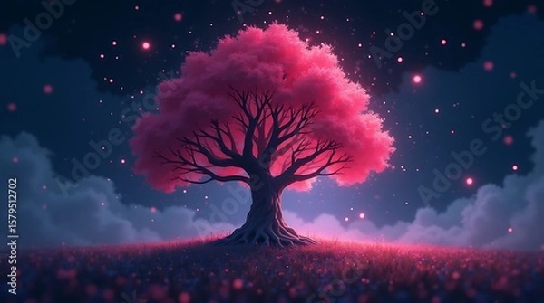 Obraz Surreal lone tree with glowing pink particles, bioluminescent effects, and stylized vector doodle design
