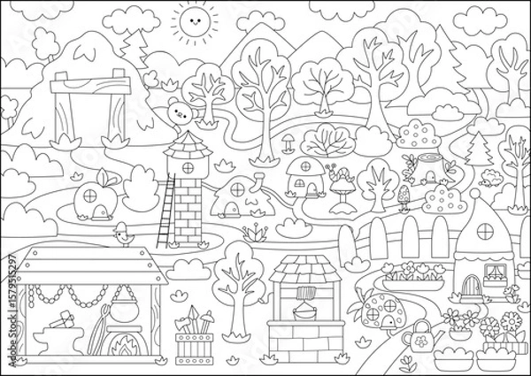 Fototapeta Vector black and white empty dwarf land background. Cute gnome country line landscape. Woodland, forest scene with tree, house, animal. Fairytale coloring page with mine pit, forge, garden