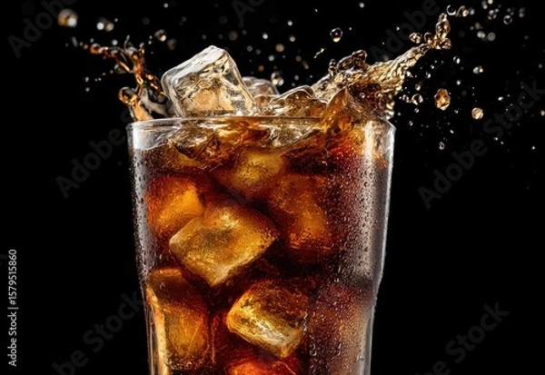 Fototapeta Splashing cola with ice cubes in a tall chilled glass on a dark background, ideal for drink branding, summer beverage campaigns, product packaging, and refreshing thirst-quenching promotions