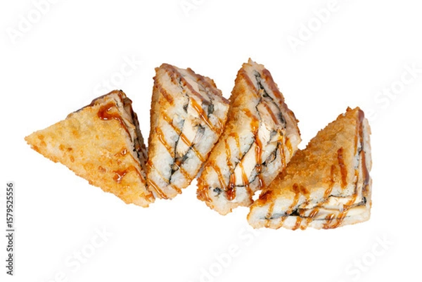 Obraz Crispy sushi sandwich triangles with grilled chicken and teriyaki sauce isolated on white background
