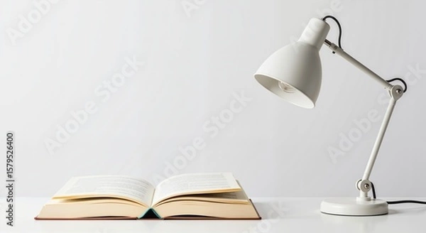 Fototapeta Open book beside a modern desk lamp on a minimal white background  