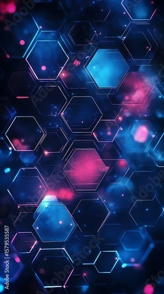 Fototapeta Abstract Hexagons Pattern with Neon Outlines, Glowing Blue and Pink Particles, Tech Design
