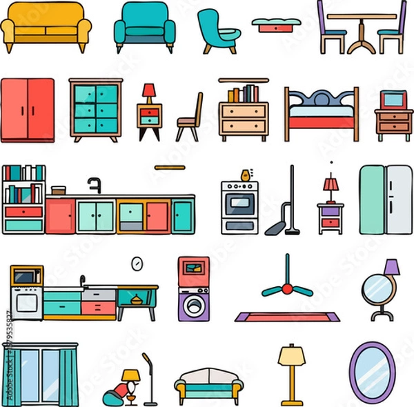 Obraz Colorful flat icons depicting various home furniture and appliances.
