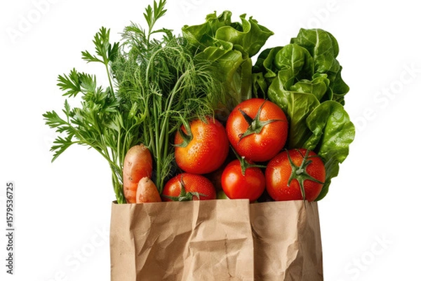 Fototapeta Biodegradable paper bag filled with seasonal vegetables - tomato, zucchini, carrot, onion, cucumber and green lettuce leaves isolated on transparent or white background