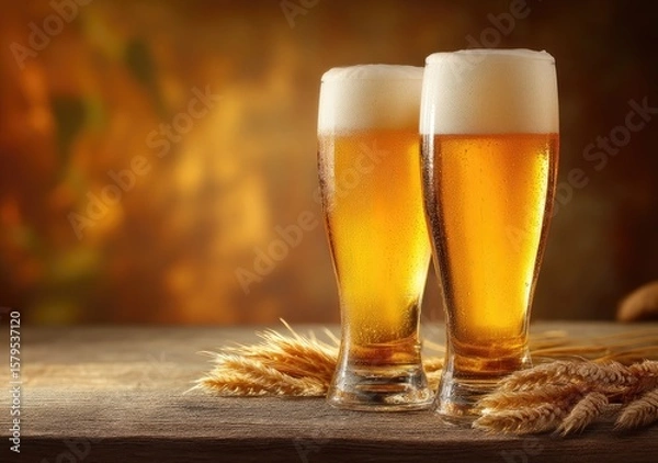 Fototapeta Two tall glasses of cold golden beer with foamy heads on rustic wooden table and wheat stalks, warm blurred background ideal for brewery, Oktoberfest, and bar promotions