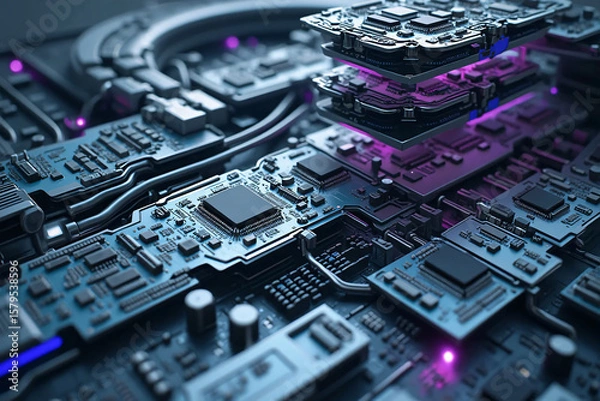 Fototapeta Complex multi-element electronic printed circuit board with chips
