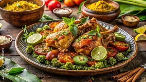 Fototapeta Chicken Cafreal from Goa, plated beautifully with authentic sides, traditional garnish, cultural background props.