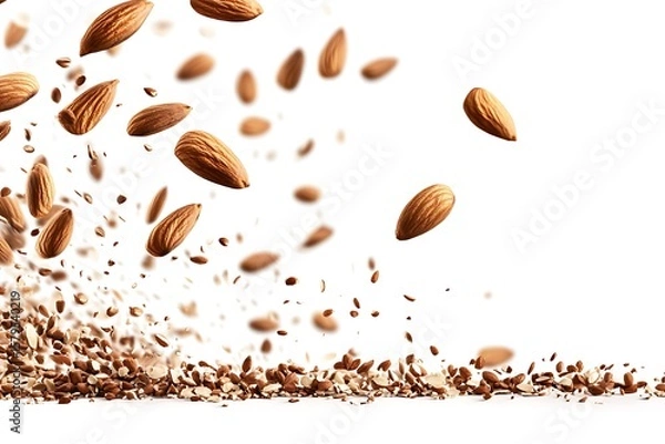 Fototapeta Falling Almonds Explosion with Pieces on White Backdrop Texture and Details