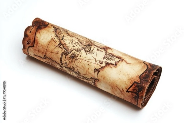 Fototapeta Old pirate treasure map rolled up on a white backdrop