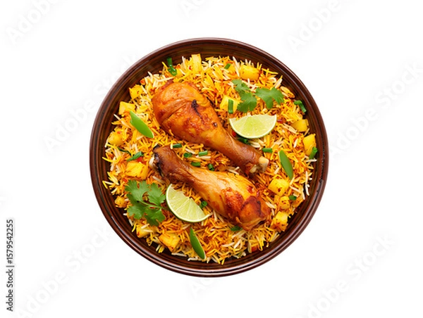 Fototapeta Delicious chicken biryani with garnish isolated on transparent background
