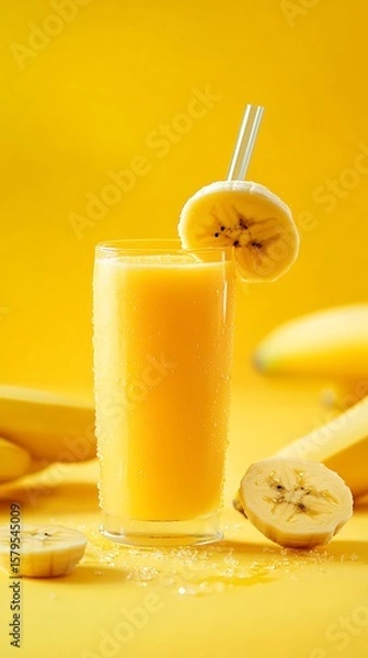 Fototapeta Refreshing banana smoothie in glass with straw on yellow background closeup