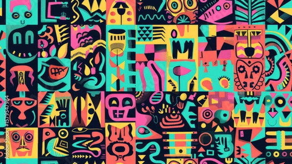 Fototapeta Colorful Abstract Geometric Pop Art Collage with Vibrant Patterns, Shapes, and Retro Modern Design in Bright Neon Mosaic Style