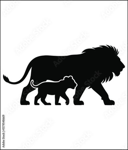 Obraz Lion and Cub Silhouette Walking Together Black and White Vector Illustration Wildlife Concept
