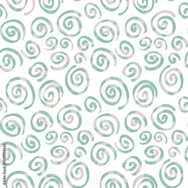 Fototapeta Seamless abstract geometric pattern. Background in green, beige, white. Illustration. Lines, meanders, circles. Design for textile fabrics, wrapping paper, background, wallpaper, cover.