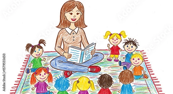 Fototapeta Wax crayon drawing depicts teacher reading for children on a carpet. Teacher reads, surrounded by kids listening, created with messy lines and overlapping chalky colors.