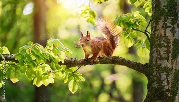 Obraz a curious squirrel explores tree branches lush with fresh green leaves during spring sunlight filters through the canopy creating a serene atmosphere in the forest