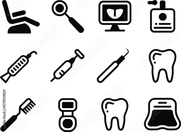 Fototapeta Collection of black and white dental icons representing oral hygiene and dental care