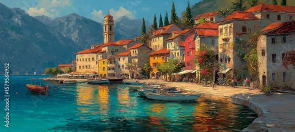 Obraz Malownicza miejscowość nad wodą z kolorowymi domami, górami w tle i łodziami. Idealne miejsce na wakacje.