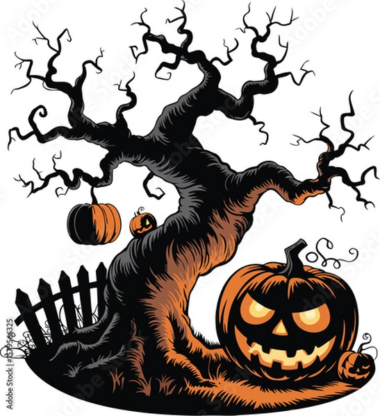 Fototapeta Halloween Spooky Tree with Three Pumpkins Vector Illustration for Haunted Holiday Design Elements

