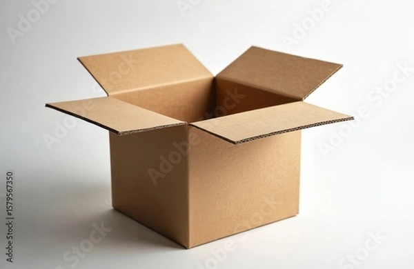 Fototapeta Open empty light brown cardboard box on white background. Corrugated container for shipping, delivery, product storage, logistics. Blank e-business parcel for retail and commerce.