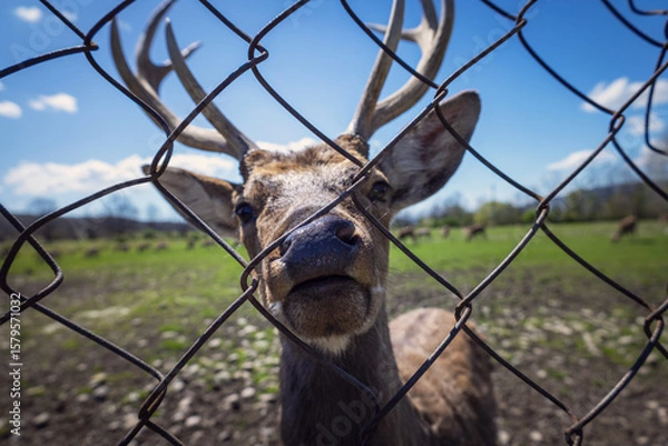 Fototapeta Deer in contact farm, zoo, wait for foor from child.