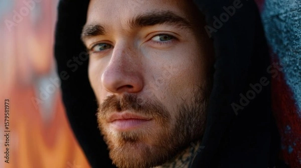 Fototapeta Close-up portrait of a young man's face. he is looking directly at the camera with a serious expression. he has a beard and mustache and is wearing a black hoodie.