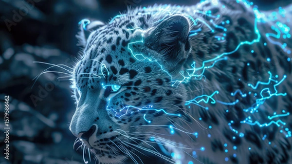 Fototapeta Cyberpunk Neon Leopard Futuristic Digital Artwork with Glowing Blue and Pink Lights in Sci-Fi Fantasy Style