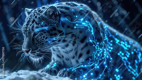Fototapeta Cyberpunk Neon Leopard Futuristic Digital Artwork with Glowing Blue and Pink Lights in Sci-Fi Fantasy Style