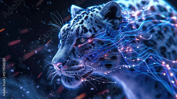 Fototapeta Cyberpunk Neon Leopard Futuristic Digital Artwork with Glowing Blue and Pink Lights in Sci-Fi Fantasy Style