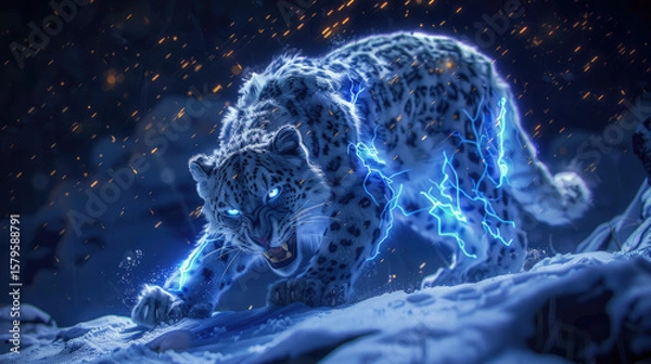 Fototapeta Cyberpunk Neon Leopard Futuristic Digital Artwork with Glowing Blue and Pink Lights in Sci-Fi Fantasy Style