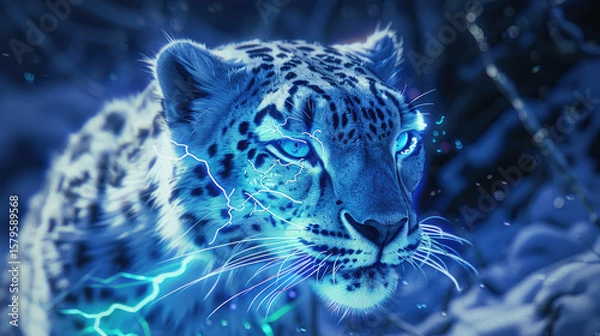 Fototapeta Cyberpunk Neon Leopard Futuristic Digital Artwork with Glowing Blue and Pink Lights in Sci-Fi Fantasy Style