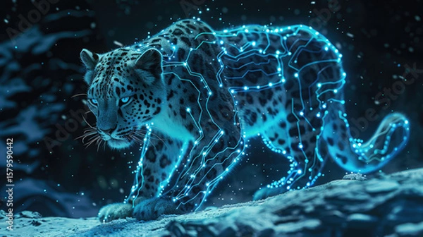 Fototapeta Cyberpunk Neon Leopard Futuristic Digital Artwork with Glowing Blue and Pink Lights in Sci-Fi Fantasy Style
