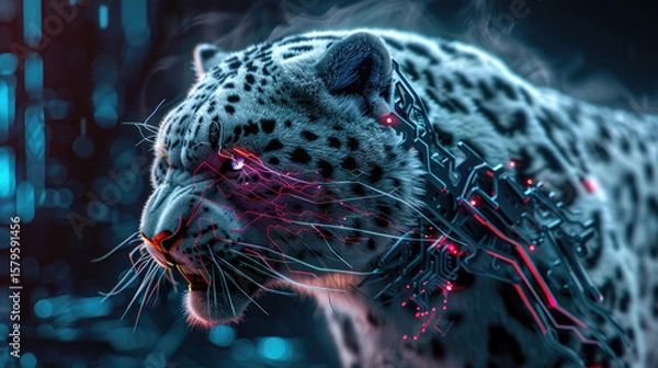 Fototapeta Cyberpunk Neon Leopard Futuristic Digital Artwork with Glowing Blue and Pink Lights in Sci-Fi Fantasy Style