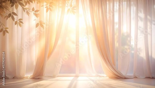 Obraz Sunlight streaming through sheer curtains with leafy branches casting shadows