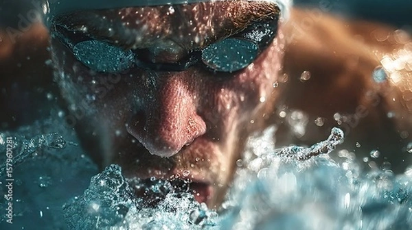 Fototapeta Close up of a professional swimmer wearing goggles and taking a breath while swimming the butterfly stroke, creating water splashes and bubbles around his face