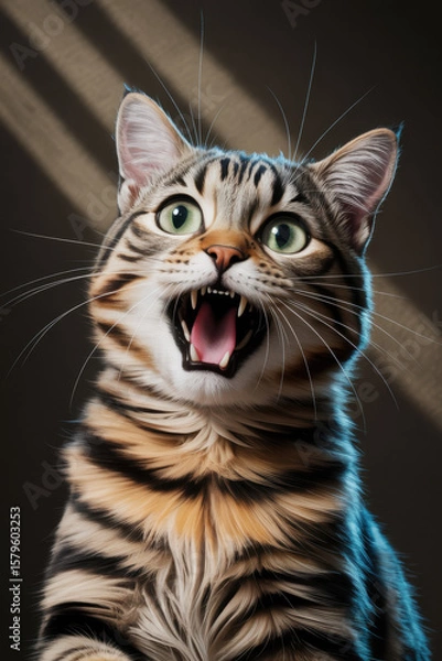Fototapeta Playful Bengal Cat with Enthusiastic Expression in Muted Indoor Lighting
