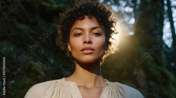 Fototapeta Portrait of a young woman with curly hair. she is standing in a forest with trees and foliage in the background. the woman is looking directly at the camera with a serious expression on her face.