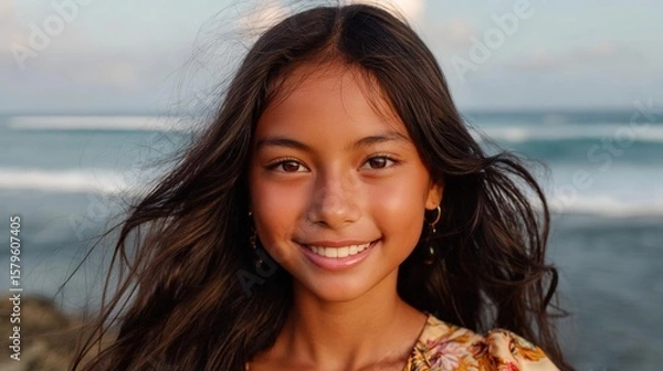 Fototapeta Portrait of a young girl with long dark hair. she is smiling and looking directly at the camera. the background is a beautiful view of the ocean with the waves crashing onto the shore.