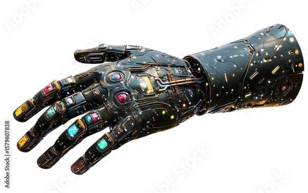 Fototapeta Metallic robotic gauntlet featuring colorful embedded gems representing advanced technology and fictional power isolated on transparent background PNG