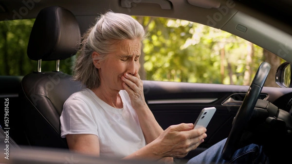 Fototapeta Shocked upset scared Caucasian elderly aged woman female car driver client user holding mobile phone smartphone shock receiving bad news cellphone scam app error trouble upset worry inside automobile