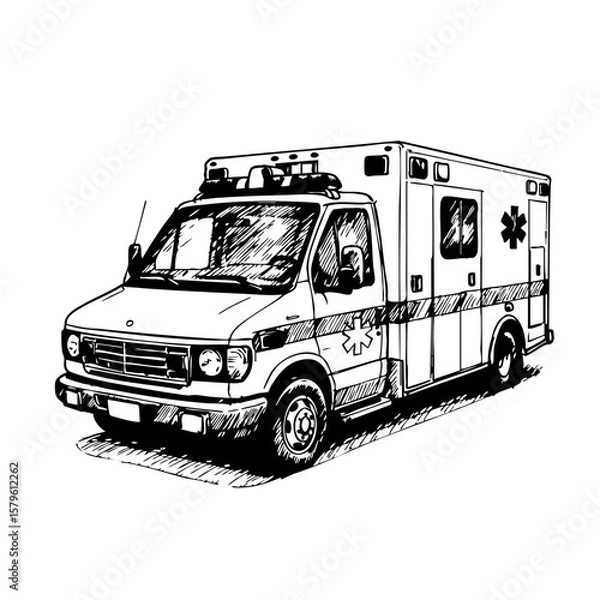 Fototapeta Vintage sketch of an ambulance vehicle in side view  