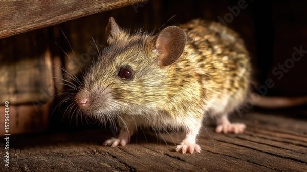 Fototapeta Close-up of a Domestic Mouse with Brown and Gray Fur Standing on Wooden Surface Near Wooden Wall in Indoor Environment